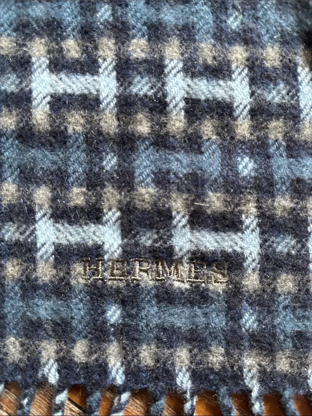 Hermes Men's Navy and Light Blue Checked Wool Scarf